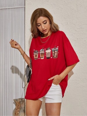 Coffes Baskılı Kadın Oversize Kırmızı Salas T-Shirt Boyfriend