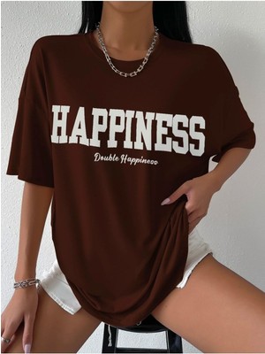 Happıness Baskılı Kadın Oversize Salas T-Shirt Boyfirend