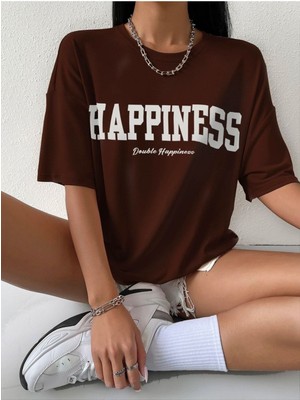 Happıness Baskılı Kadın Oversize Salas T-Shirt Boyfirend