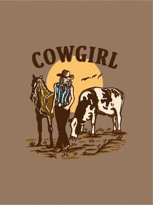 Cowgirl Baskılı Kadın Oversize Kahverengi T-Shirt