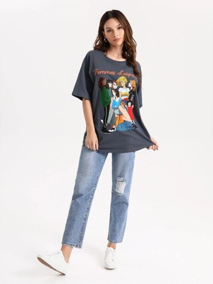 Womens Baskılı Kadın Oversize Füme Salas T-Shirt Boyfriend