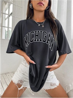 Mercoledi Mıchıgan Baskılı Füme Oversize T-Shirt Salaş Boyfirend