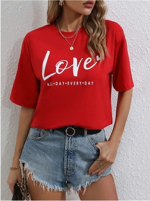 Red Love Baskılı Kadın Oversize Kırmızı Salas T-Shirt Boyfriend