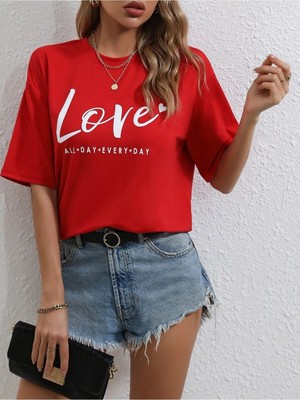 Red Love Baskılı Kadın Oversize Kırmızı Salas T-Shirt Boyfriend