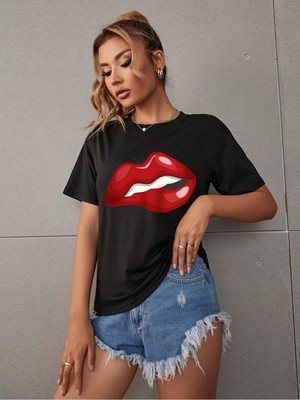 Red Lip Baskılı Kadın Oversize Kırmızı Salas T-Shirt Boyfriend