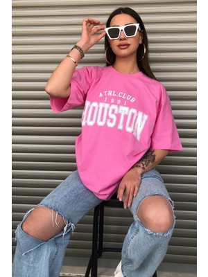 Mercoledi Houston Baskılı Kadın Oversize Saks Mavi Salas T-Shirt Boyfriend