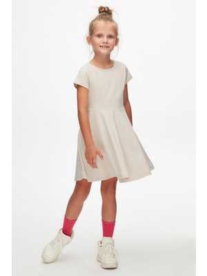Taş Renkli Basic Kız Çocuk Kısa Kollu Elbise
