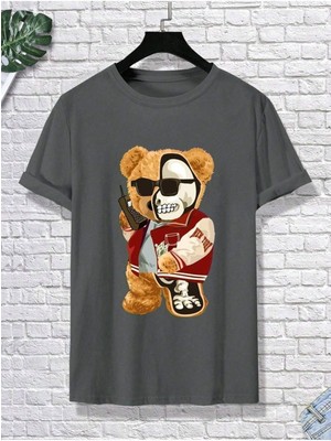 Half Skeleton Bear Baskılı Oversize Erkek T-Shirt Salaş Boyfirend