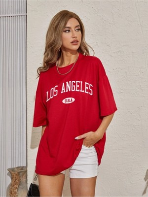 Los Angeles Baskılı Kadın Oversize Kırmızı Salas T-Shirt Boyfriend