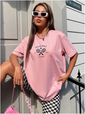 Pembe Kadın Tennis Ball Baskılı Oversize T-Shirt