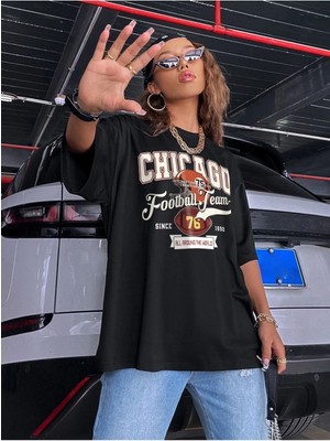 Mercoledi Oversize T-Shirt Chıcago Football Team Baskılı