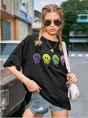 Unisex Emoji Renkli Baskılı Oversize T-Shirt