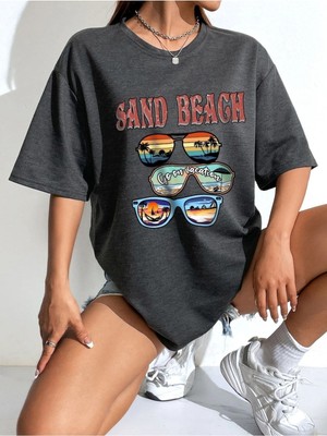 Mercoledi Sand Beach Baskılı Füme Oversize T-Shirt Salaş Boyfirend