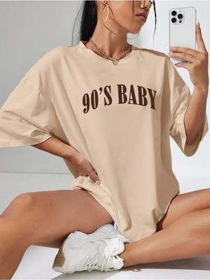 90's Baby Baskılı Kadın Oversize Bej Salas T-Shirt Boyfriend