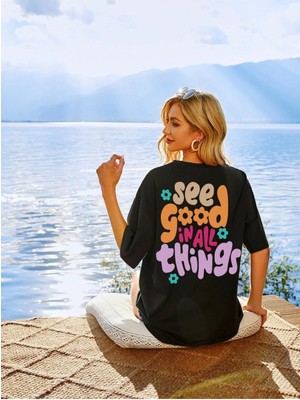 Mercoledi Kadın Siyah See Good Baskılı Oversize T-Shirt