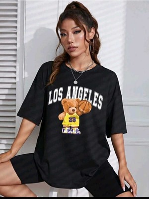 Mercoledi Kadın Losangel 23 Baskılı Oversize Salaş Bej T-Shirt Ünisex Boyfirend