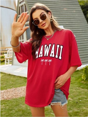 Hawaıı Baskılı Kadın Oversize Kırmızı Salas T-Shirt Boyfriend