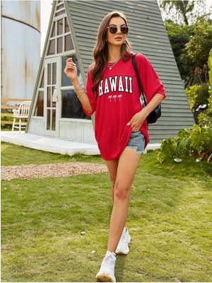 Hawaıı Baskılı Kadın Oversize Kırmızı Salas T-Shirt Boyfriend