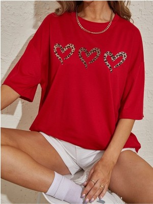 Three Hearts Baskılı Kadın Oversize Kırmızı Salaş T-Shirt Boyfriend