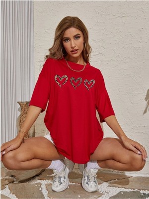 Three Hearts Baskılı Kadın Oversize Kırmızı Salaş T-Shirt Boyfriend