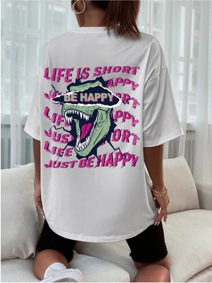 Beyaz Oversize T-Shirt Be Happy Baskılı