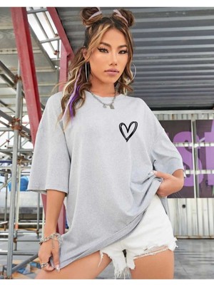 Tiny Heart Baskılı Kadın Oversize Salas T-Shirt Boyfriend