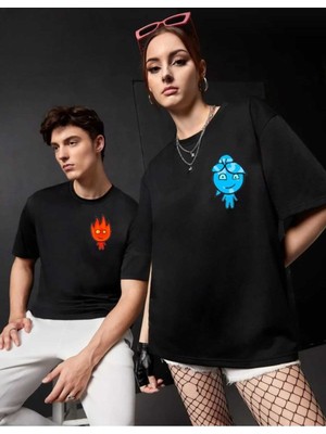 Mercoledi Ateş/su Baskılı 2'li Takım Oversize Salas T-Shirt Boyfriend