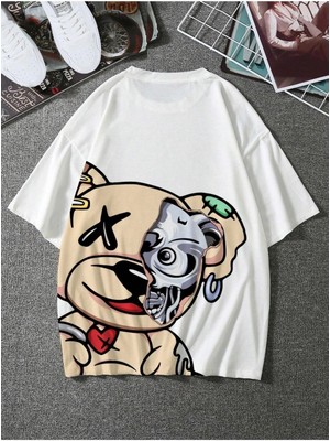 Mercoledi Crazy Bear Baskılı Oversize Erkek T-Shirt Salaş Boyfirend