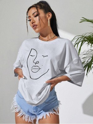 Face Baskılı Kadın Oversize Salaş T-Shirt Boyfriend