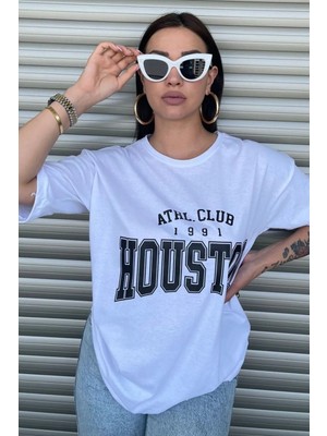 Mercoledi Houston Baskılı Kadın Oversize Saks Mavi Salas T-Shirt Boyfriend