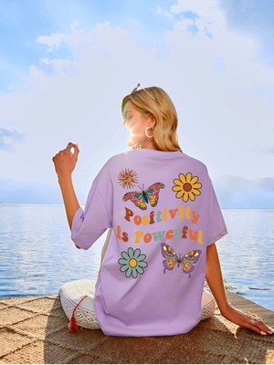 Kadın Lila Positive Baskılı Oversize T-Shirt