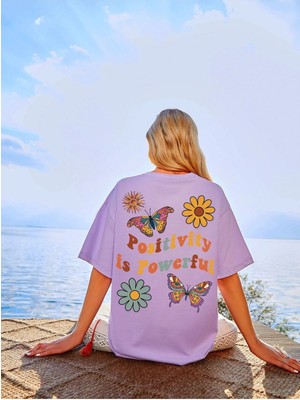 Kadın Lila Positive Baskılı Oversize T-Shirt