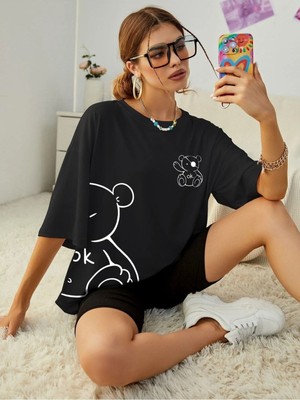 Mercoledi Ayıcık Baskılı Kadın Oversize Salas T-Shirt Boyfriend