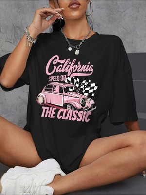 Mercoledi Classıc Car Baskılı Kadın Oversize Salaş T-Shirt Boyfirend