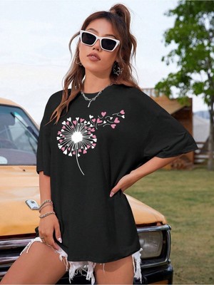 Karahindiba Baskılı Oversize T-Shirt Salaş Boyfirend