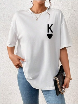 K Harfi Kalp Baskılı Beyaz Oversize T-Shirt Salaş Boyfirend