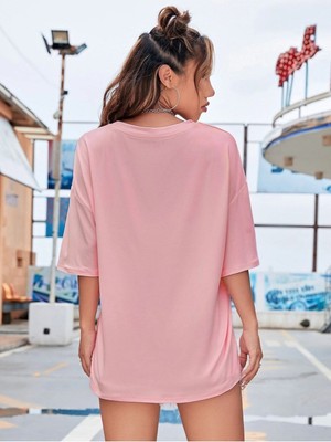 Pink Coffee Baskılı Kadın Pembe Oversize Salas Boyfriend T-Shirt Top Bluz