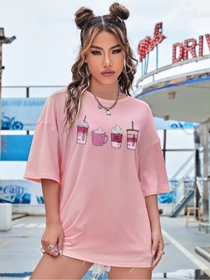 Pink Coffee Baskılı Kadın Pembe Oversize Salas Boyfriend T-Shirt Top Bluz