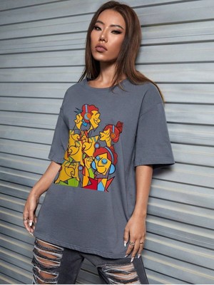 Karikatürist Baskılı Füme Oversize T-Shirt Salaş Boyfirend