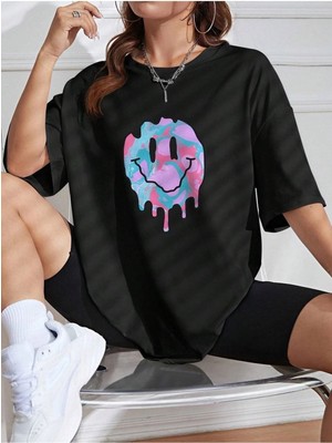 Melting Smile Baskılı Siyah Oversize T-Shirt Salaş Boyfirend