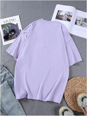 Kadın Lila Kelebek Baskılı Oversize T-Shirt