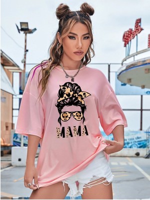 Mama Leopar Baskılı Oversize T-Shirt Salaş Boyfirend