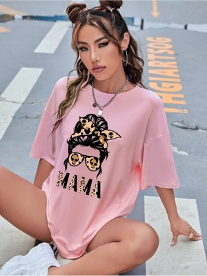 Mama Leopar Baskılı Oversize T-Shirt Salaş Boyfirend