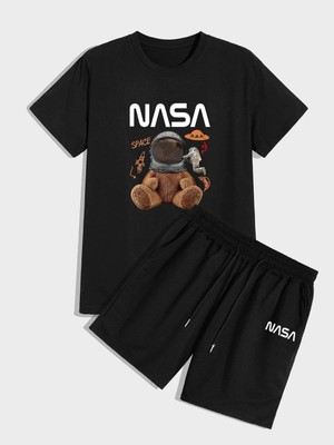 Unisex Siyah Nasa Ayıcık Baskılı Oversize T-Shirt ve Şort Kombin