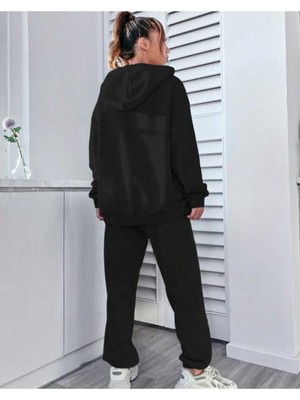 Smile Baskılı Siyah Kapüşonlu Alt Üst Siyah Oversize Eşofman Takımı