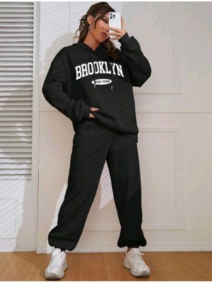 Brooklyn Mavi Jogger Beyaz Sweatshirt Alt Üst Eşofman Takımı Oversize Bisiklet Yaka
