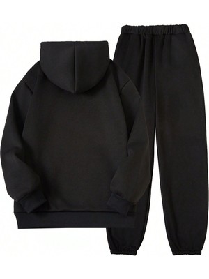 Basketbol Baskılı Erkek Siyah Kapüşonlu Alt Üst Takım Oversize Eşofman Takımı Kanguru Cep