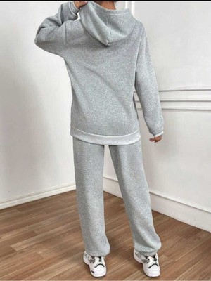 Kadın Basic Gri Alt Üst Eşofman Takımı Oversize Kanguru Cepli Kapüşonlu