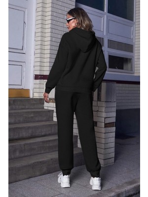 Kadın Siyah Kapüşonlu Alt Üst Takım Oversize Eşofman Takımı Kanguru Cep