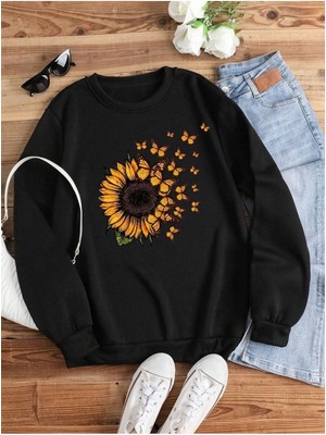 Mercoledi Ay Çiçeği Kelebek Baskılı Bisiklet Yaka Ünisex Siyah Oversize Sweatshirt